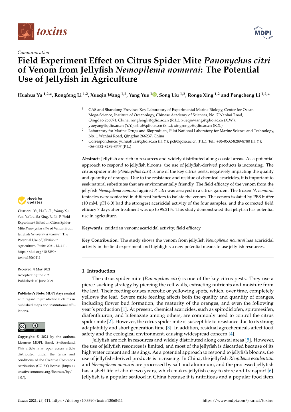 Field Experiment Effect on Citrus Spider Mite Panonychus Citri of Venom from Jellyﬁsh Nemopilema Nomurai: the Potential Use of Jellyﬁsh in Agriculture