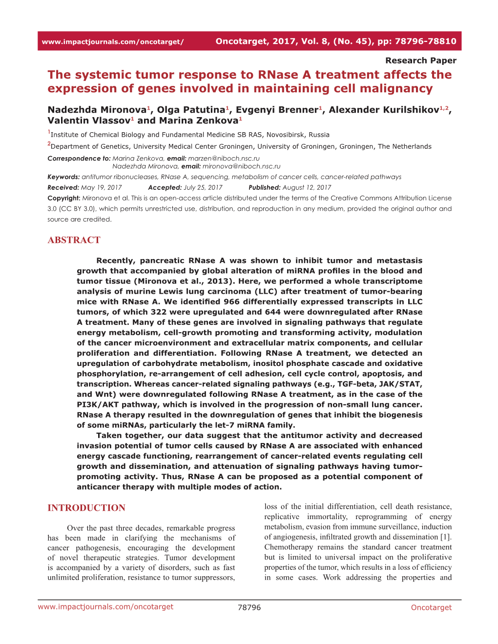 The Systemic Tumor Response to Rnase a Treatment Affects the Expression of Genes Involved in Maintaining Cell Malignancy