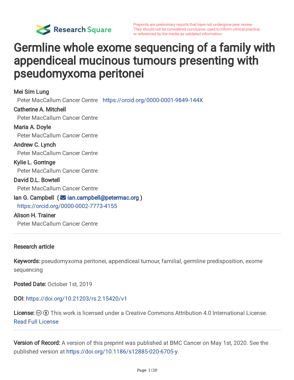 Germline Whole Exome Sequencing of a Family with Appendiceal Mucinous Tumours Presenting with Pseudomyxoma Peritonei