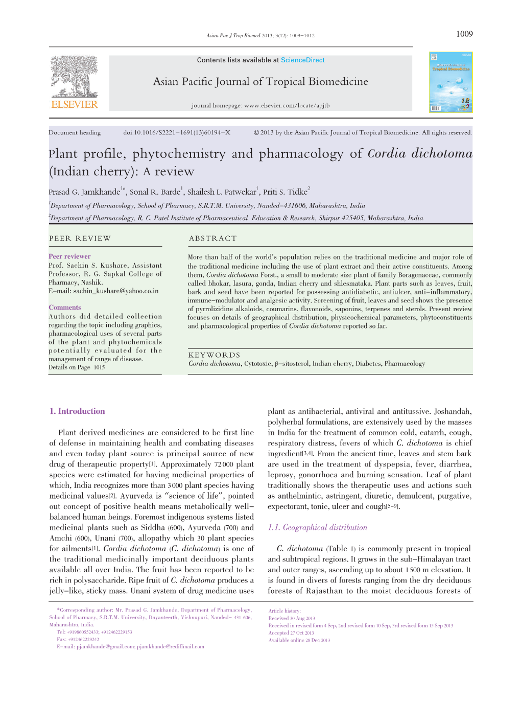 Plant Profile, Phytochemistry and Pharmacology of Cordia Dichotoma (Indian Cherry): a Review