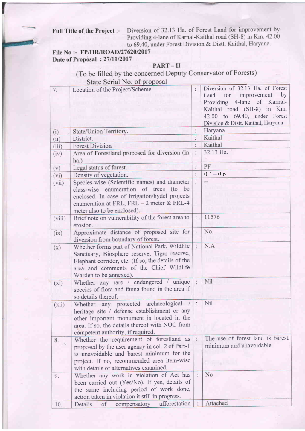 Date of Proposal Z 27/Ill20l7 Providing 4-Lane of Karnal- Kaithal Road