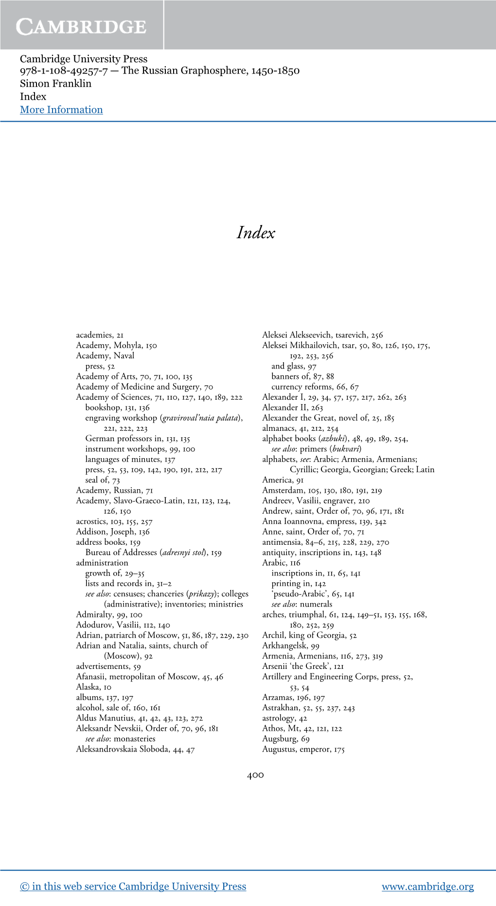 Cambridge University Press 978-1-108-49257-7 — the Russian Graphosphere, 1450-1850 Simon Franklin Index More Information