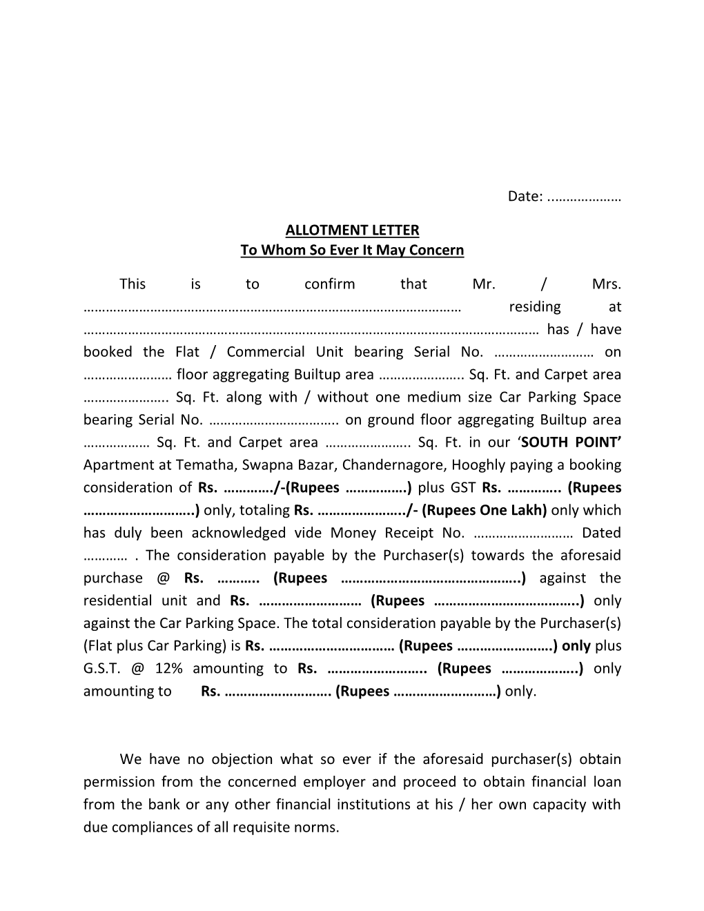 Date: ..……………… ALLOTMENT LETTER To