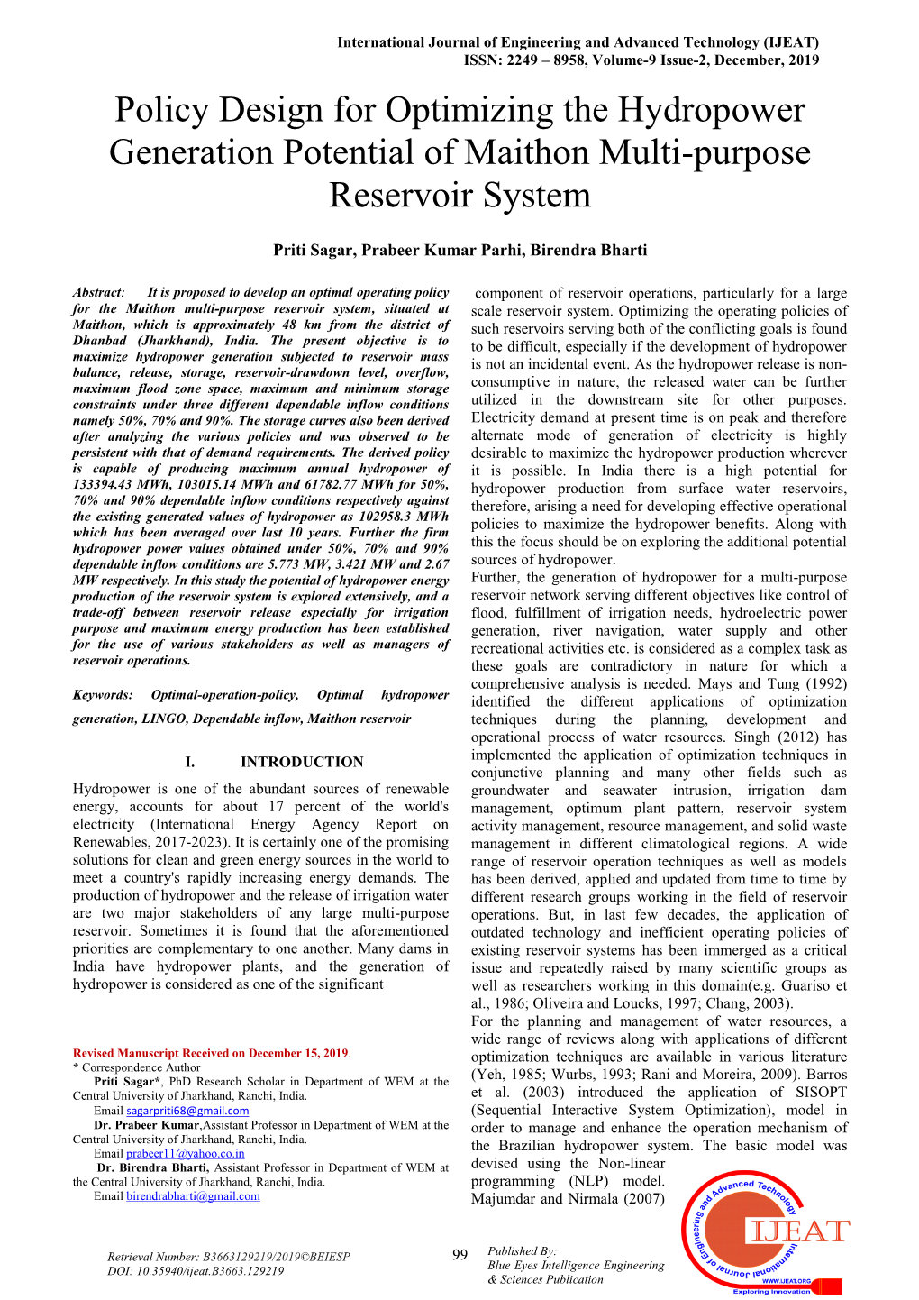 Policy Design for Optimizing the Hydropower Generation Potential of Maithon Multi-Purpose Reservoir System