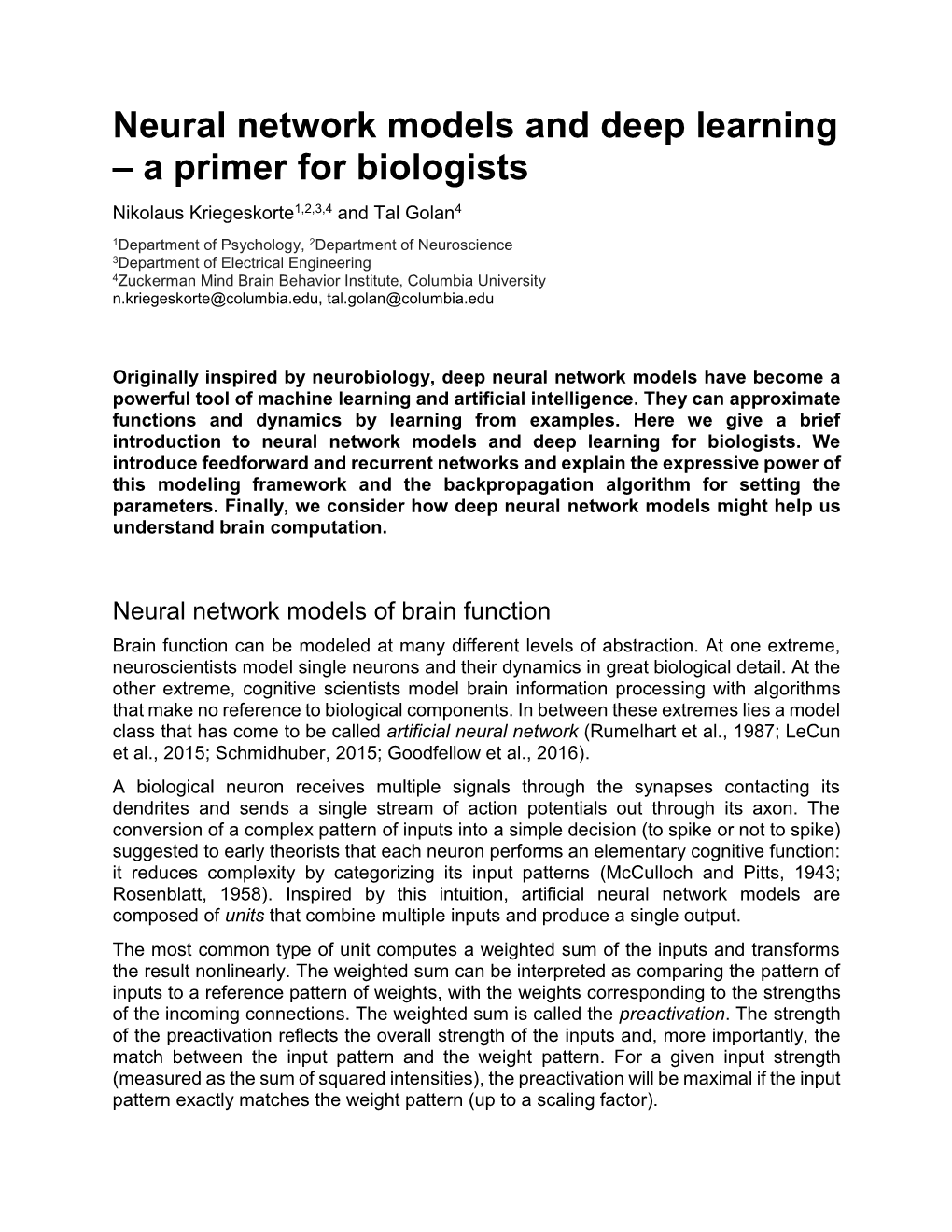 Neural Network Models and Deep Learning – a Primer for Biologists