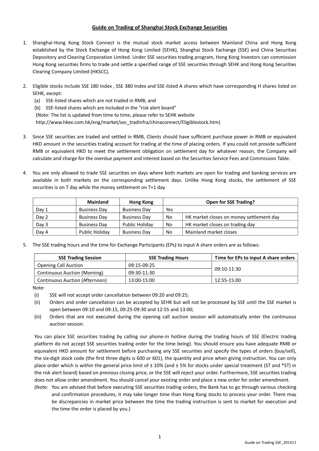 Guide on Trading of Shanghai Stock Exchange Securities