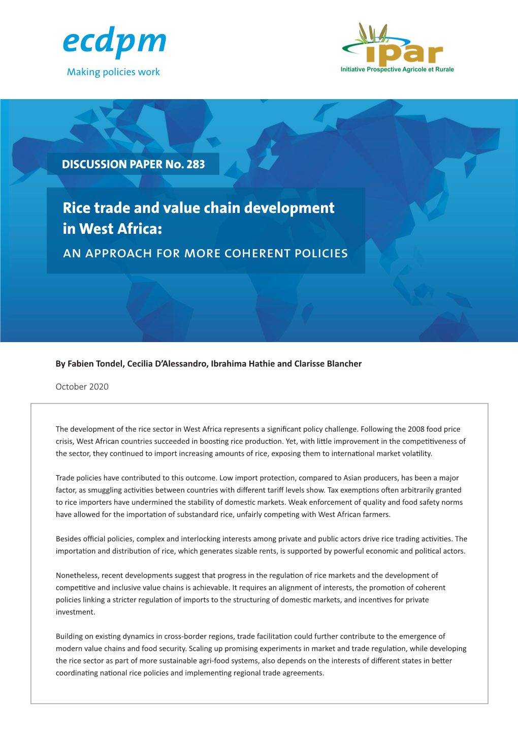 Rice Trade and Value Chain Development in West Africa: an Approach for More Coherent Policies