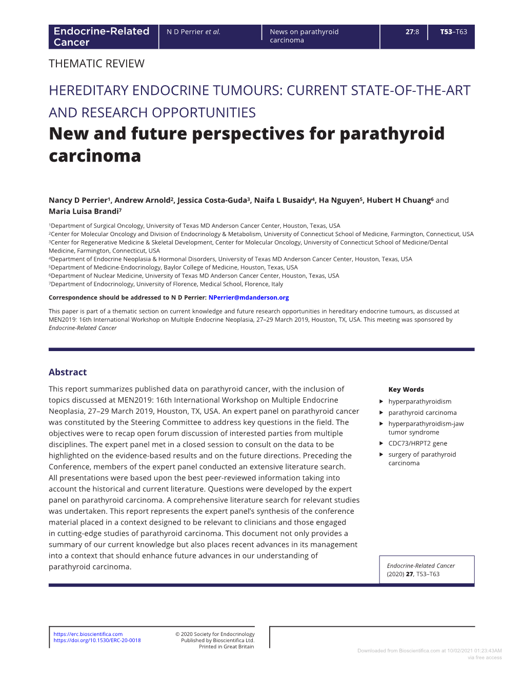 New and Future Perspectives for Parathyroid Carcinoma