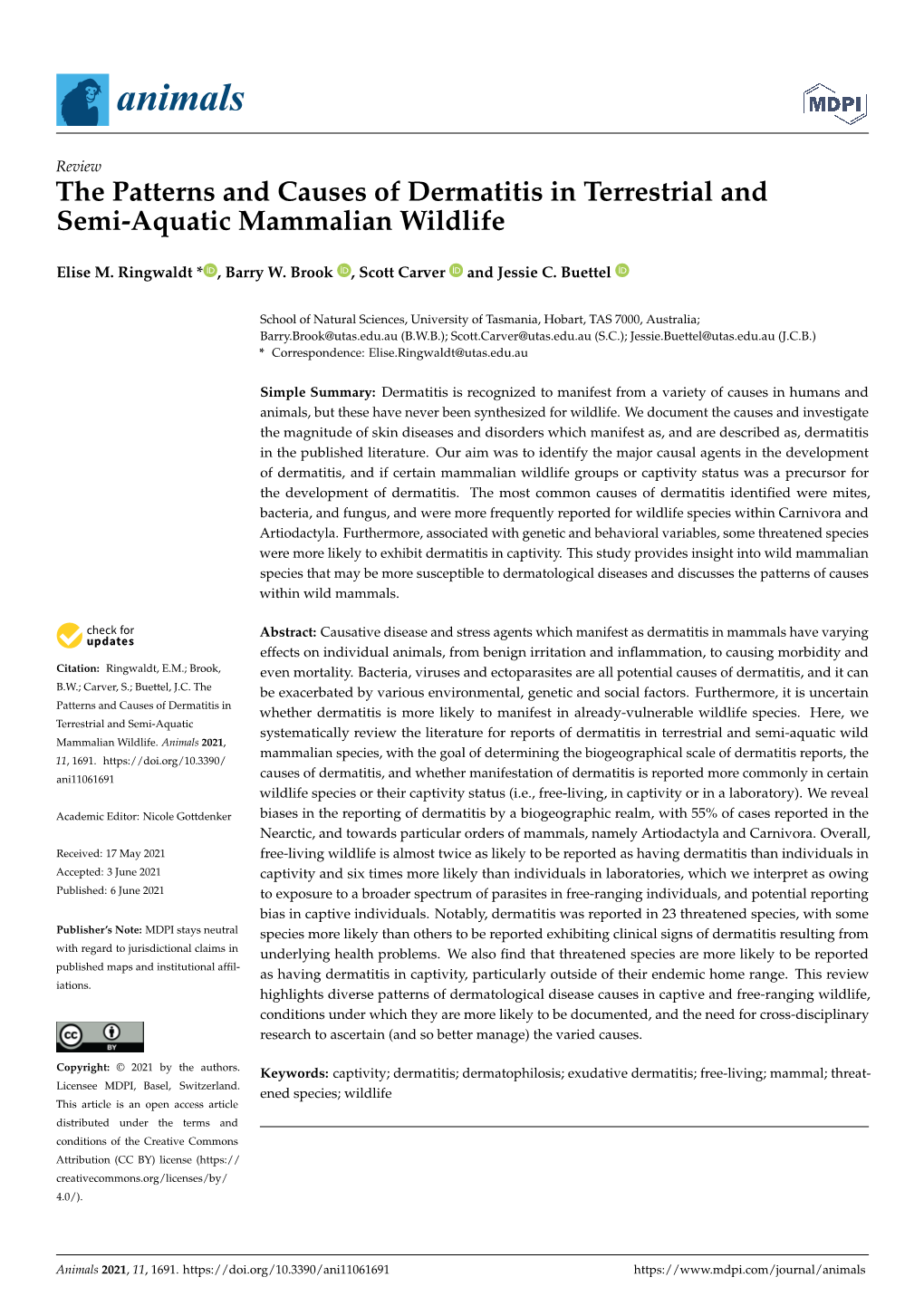 The Patterns and Causes of Dermatitis in Terrestrial and Semi-Aquatic Mammalian Wildlife