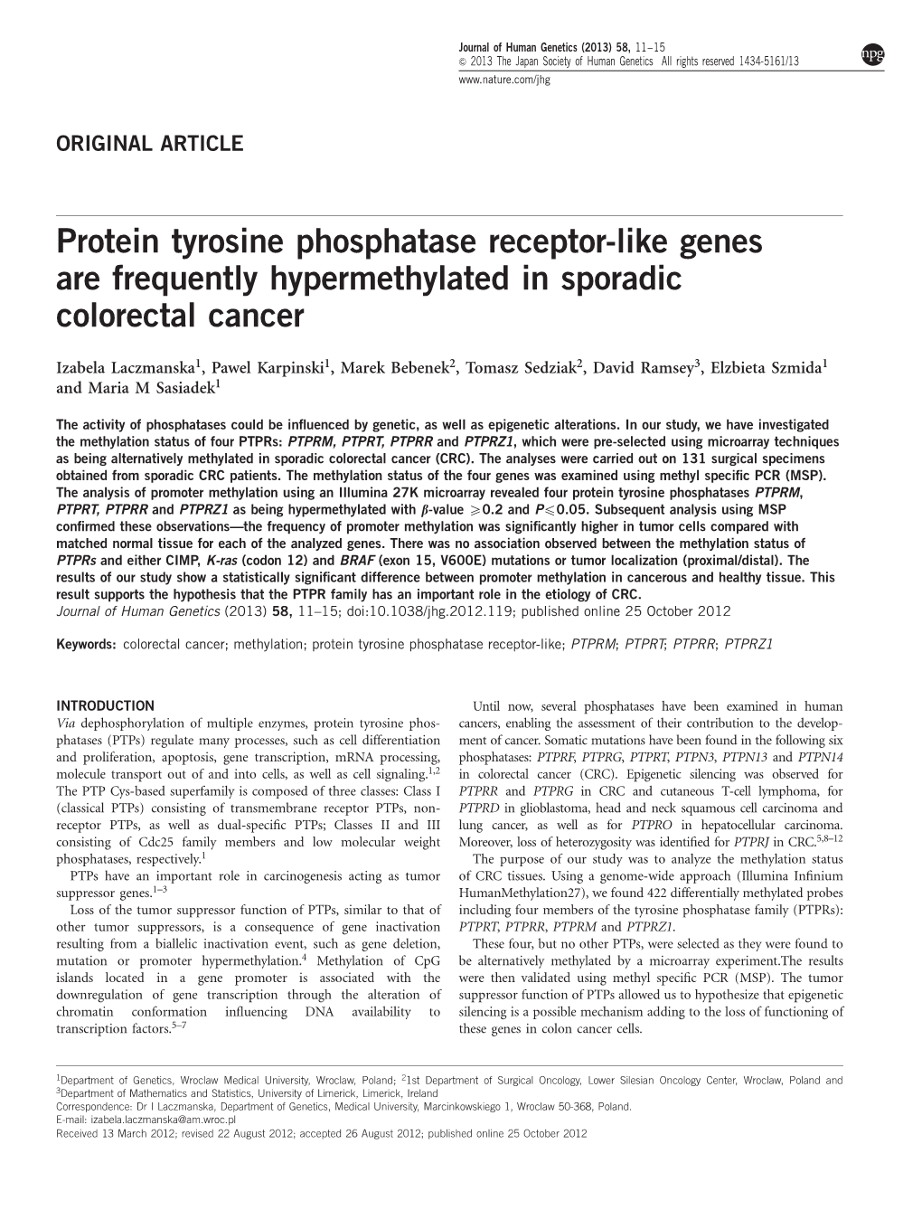 Protein Tyrosine Phosphatase Receptor-Like Genes Are Frequently Hypermethylated in Sporadic Colorectal Cancer