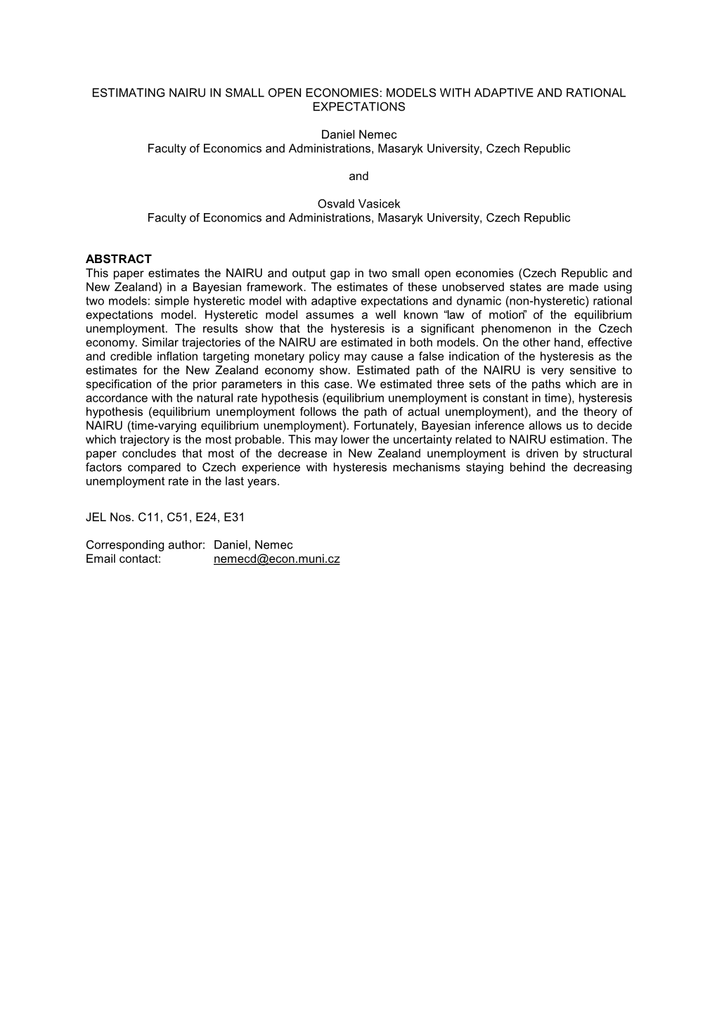 Estimating Nairu in Small Open Economies: Models with Adaptive and Rational Expectations