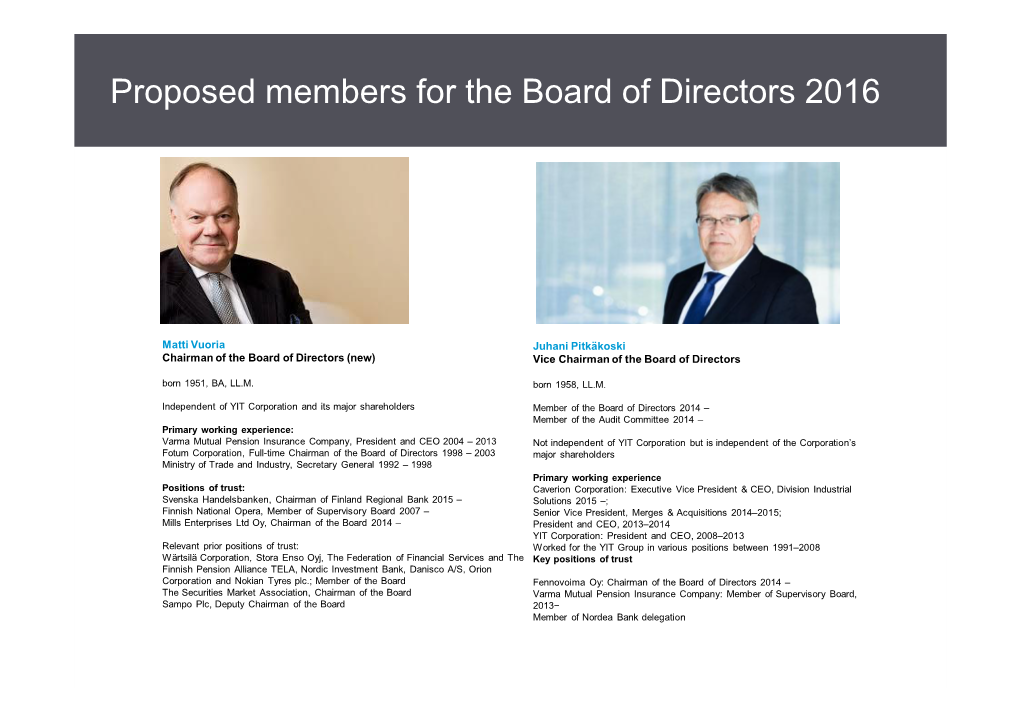 Proposed Members for the Board of Directors 2016