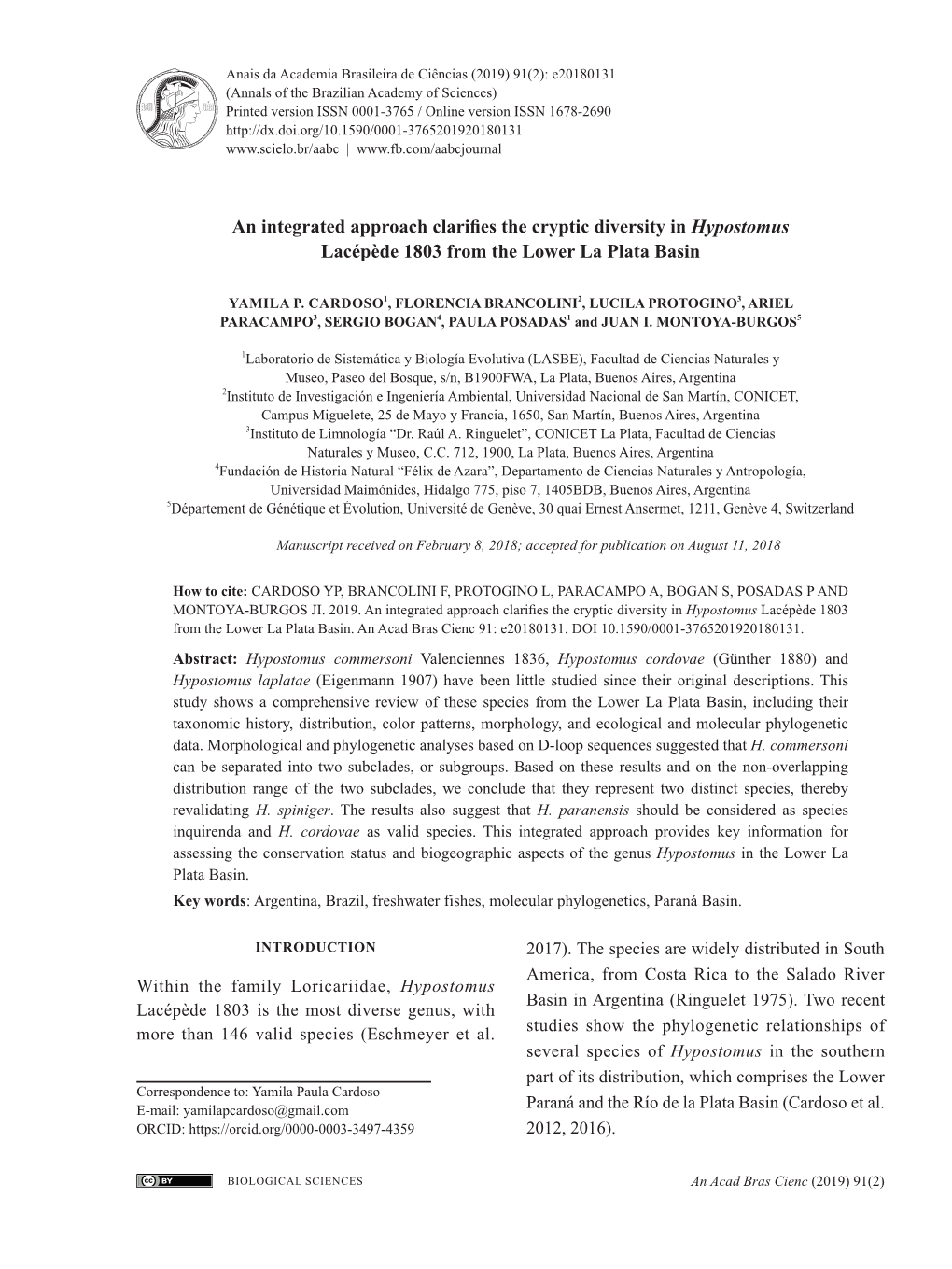 An Integrated Approach Clarifies the Cryptic Diversity in Hypostomus Lacépède 1803 from the Lower La Plata Basin