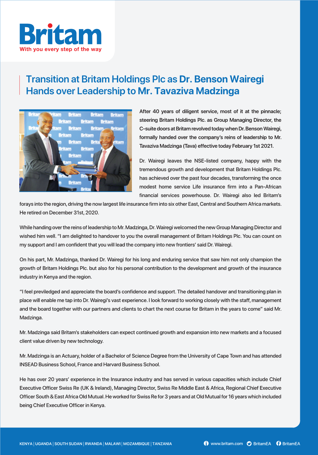 Transition at Britam Holdings Plc As Dr. Benson Wairegi Hands Over Leadership to Mr. Tavaziva Madzinga