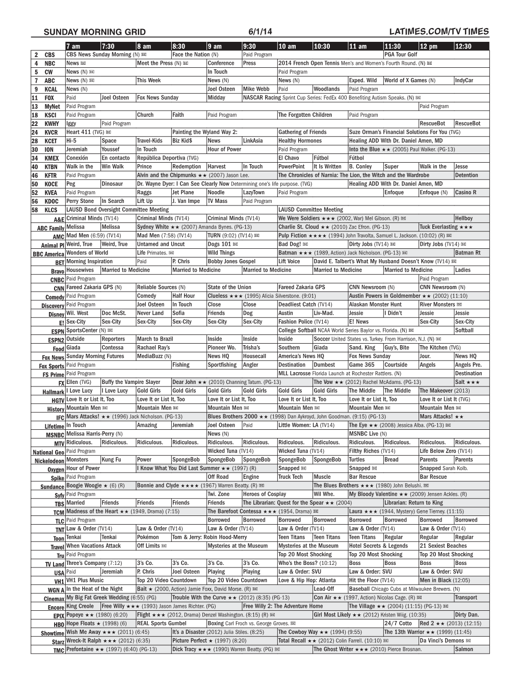 Sunday Morning Grid 6/1/14 Latimes.Com/Tv Times