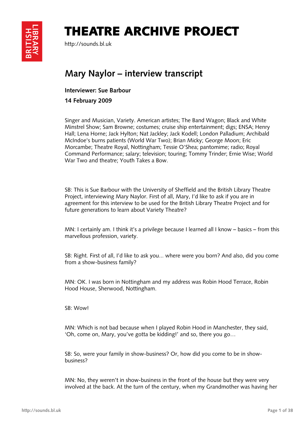 Theatre Archive Project: Interview with Mary Naylor