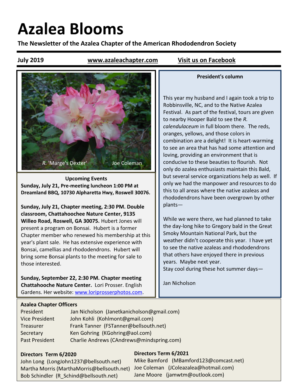 Azalea Blooms the Newsletter of the Azalea Chapter of the American Rhododendron Society