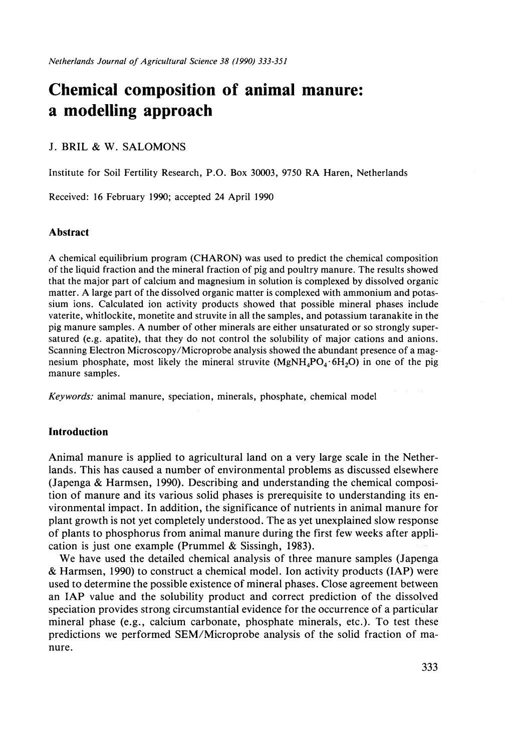 Chemical Composition of Animal Manure: a Modelling Approach