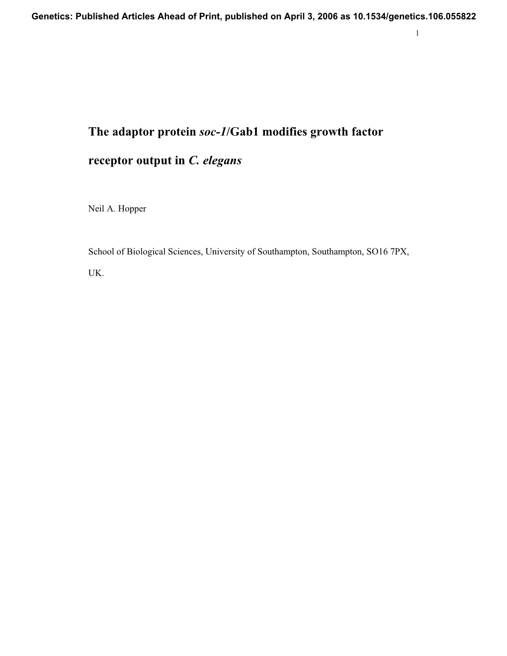 The Adaptor Protein Soc-1/Gab1 Modifies Growth Factor Receptor