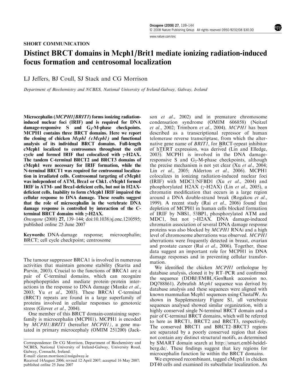 Distinct BRCT Domains in Mcph1/Brit1 Mediate Ionizing Radiation-Induced Focus Formation and Centrosomal Localization