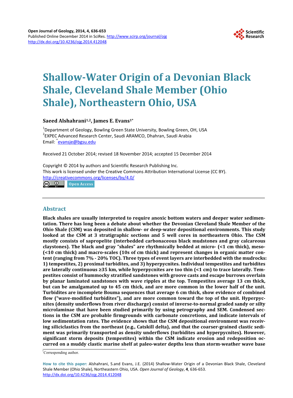 Shallow-Water Origin of a Devonian Black Shale, Cleveland Shale Member (Ohio Shale), Northeastern Ohio, USA