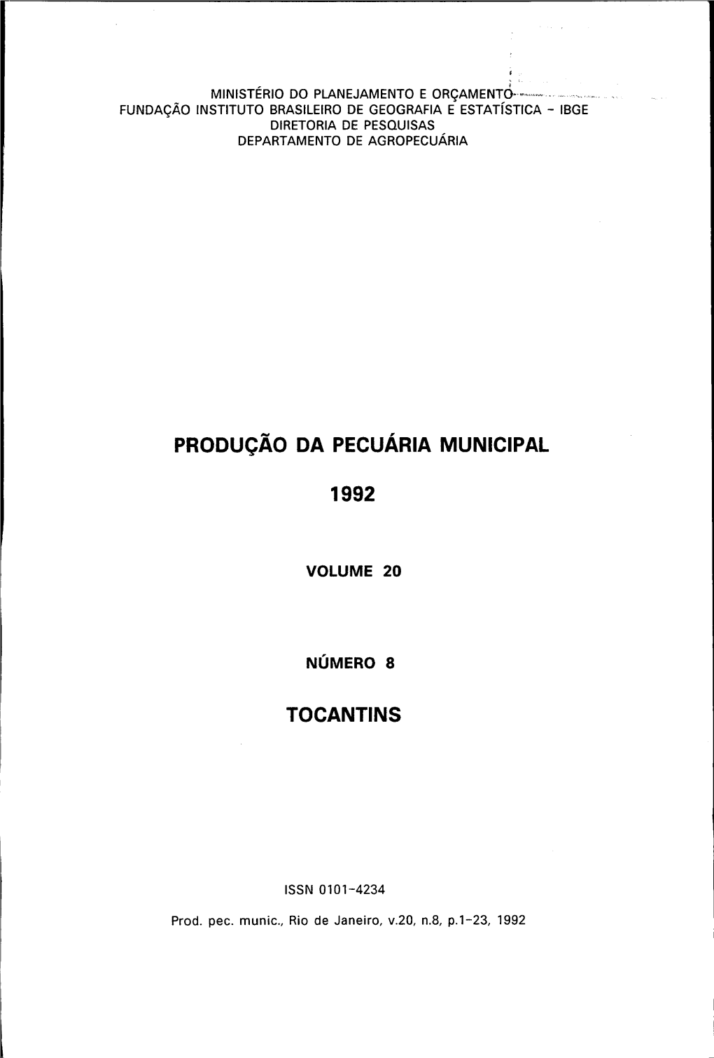 Produção Da Pecuária Municipal 1992 Tocantins