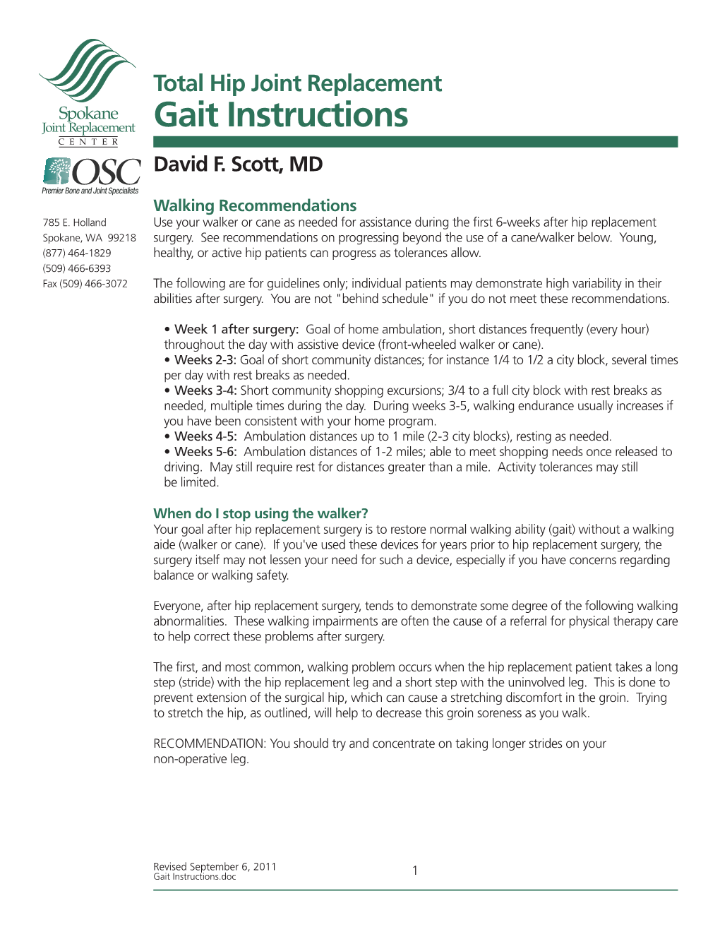 Total Hip Joint Replacement Gait Instructions CENTER David F