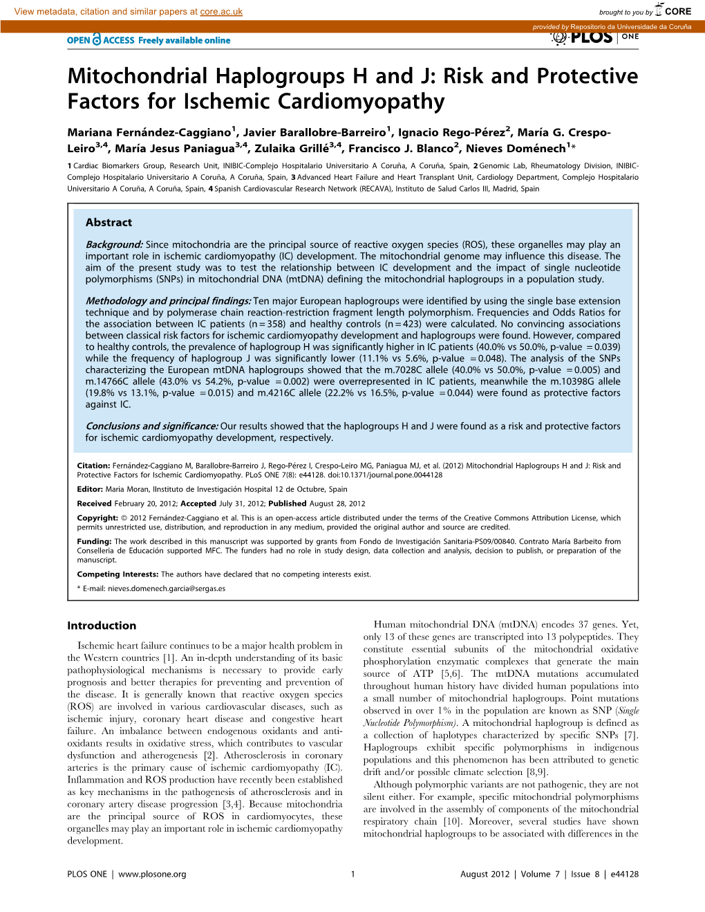 Mitochondrial Haplogroups H and J: Risk and Protective Factors for Ischemic Cardiomyopathy