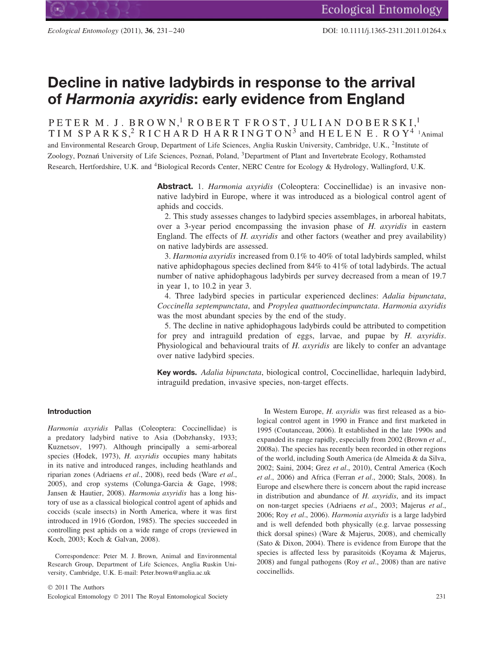 Decline in Native Ladybirds in Response to the Arrival of Harmonia Axyridis: Early Evidence from England