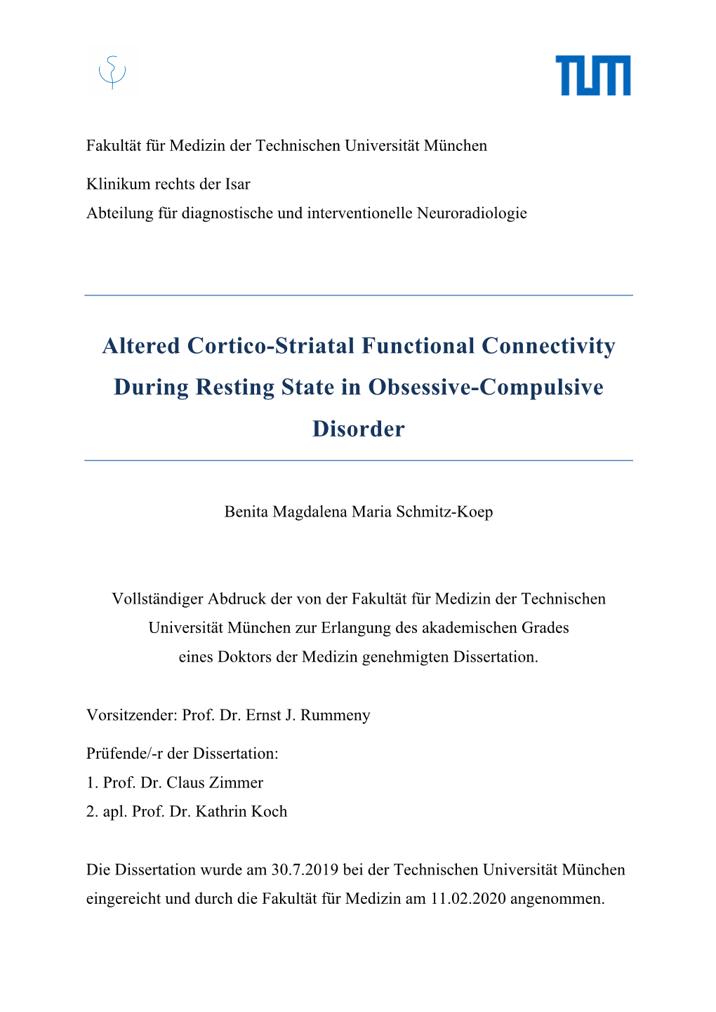 Altered Cortico-Striatal Functional Connectivity During Resting State in Obsessive-Compulsive Disorder