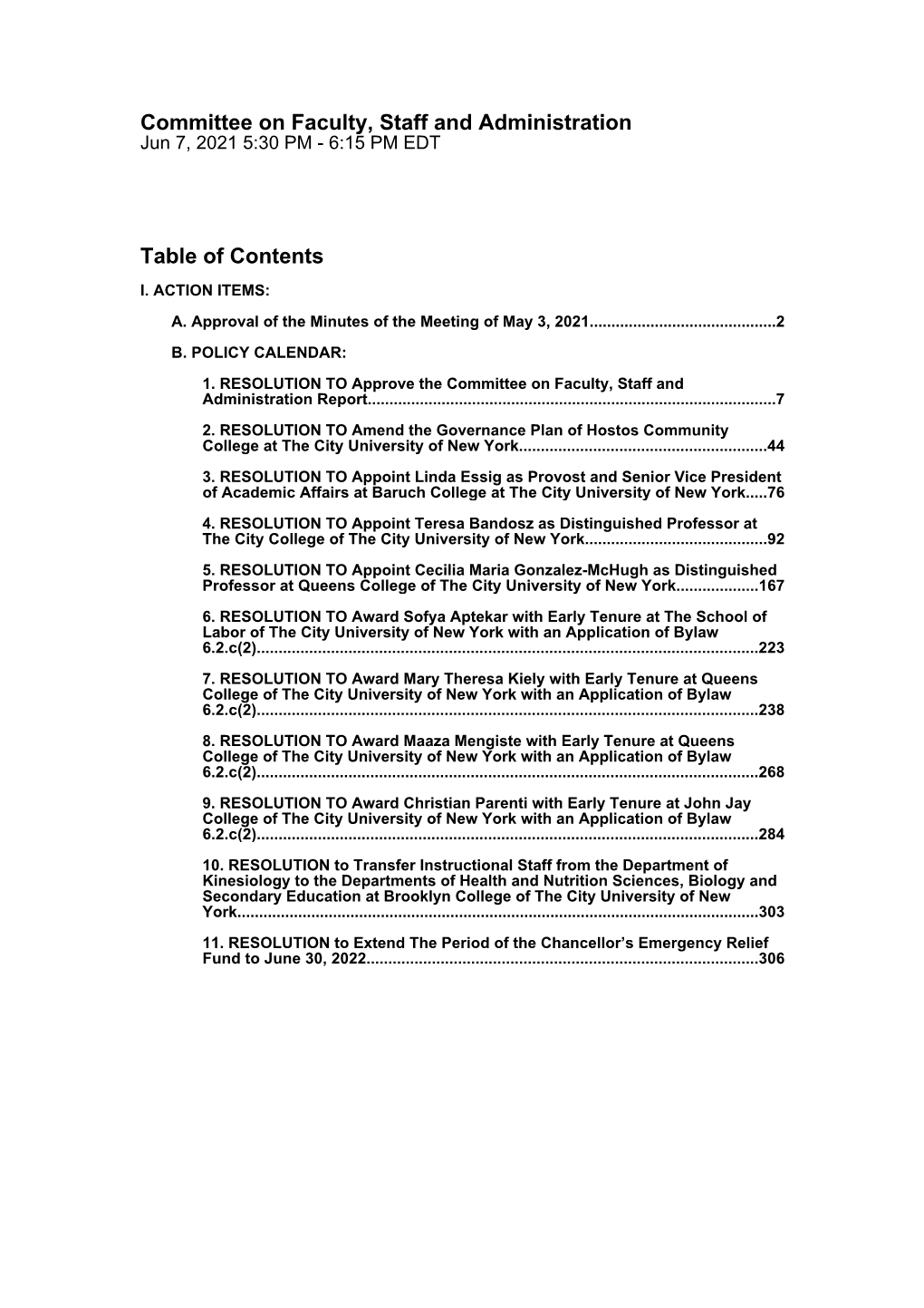 Committee on Faculty, Staff and Administration Table of Contents