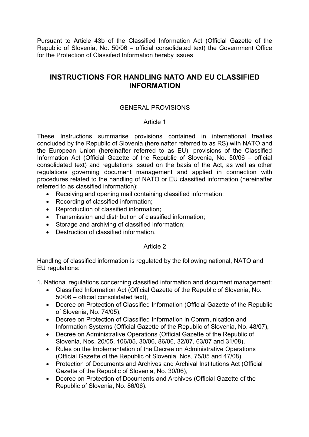 Instructions for Handling Nato and Eu Classified Information