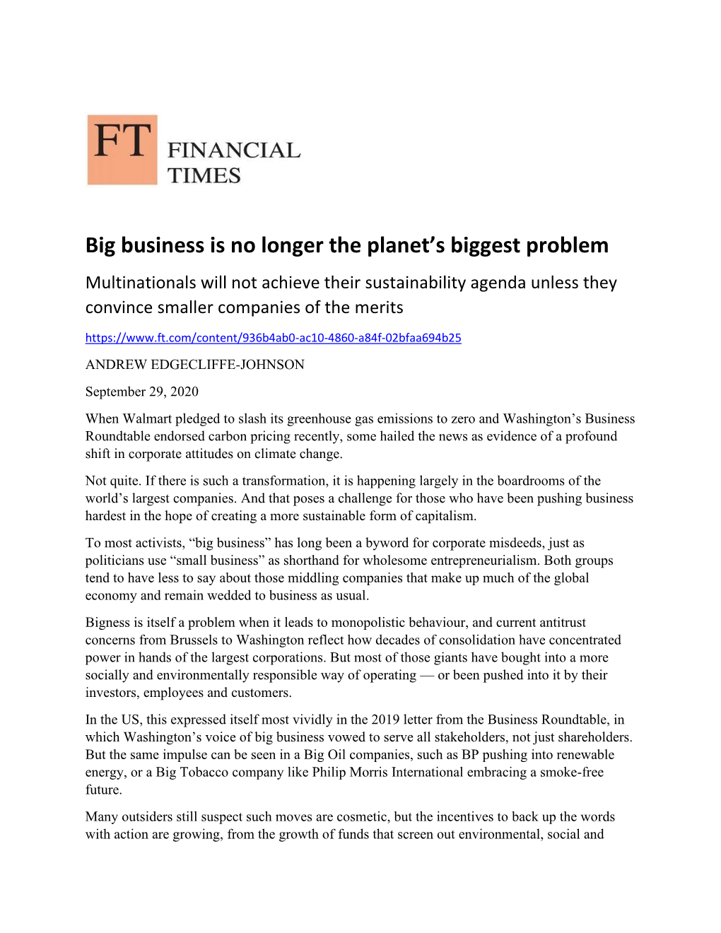 Financial Times: Big Business Is No Longer the Planet's Biggest Problem