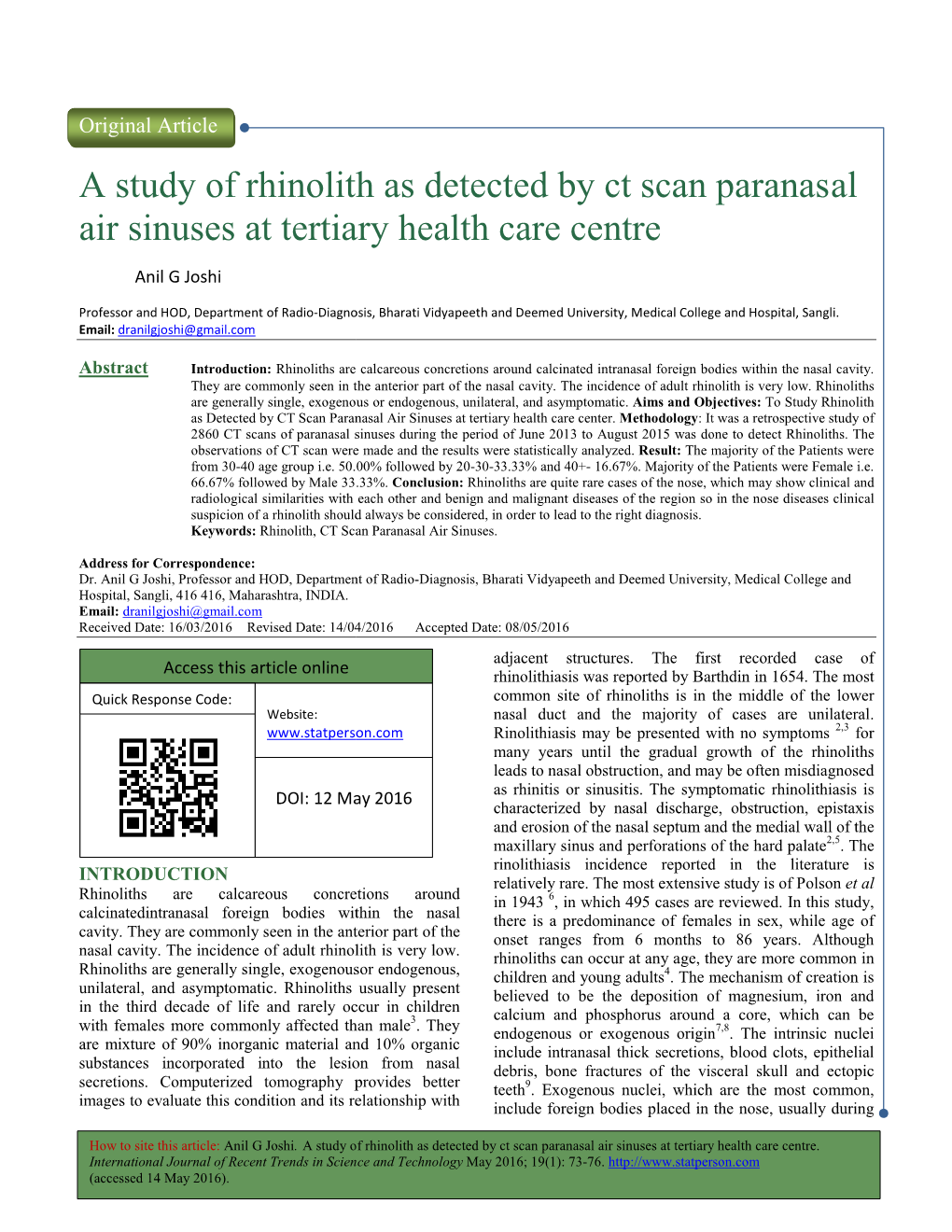 A Study of Rhinolith As Detected Air Sinuses at Tertiary Health Care Y Of