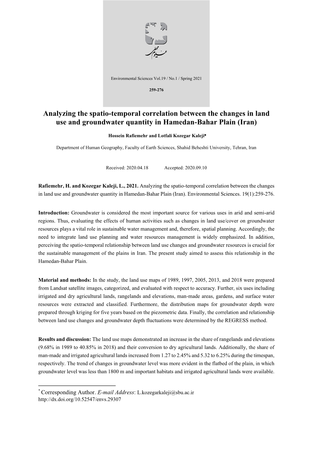 Analyzing the Spatio-Temporal Correlation Between the Changes in Land Use and Groundwater Quantity in Hamedan-Bahar Plain (Iran)