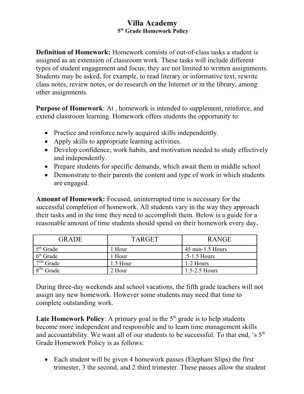 5Th Grade Homework Policy