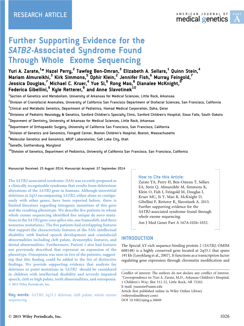 Further Supporting Evidence for the SATB2-Associated Syndrome Found Through Whole Exome Sequencing Yuri A