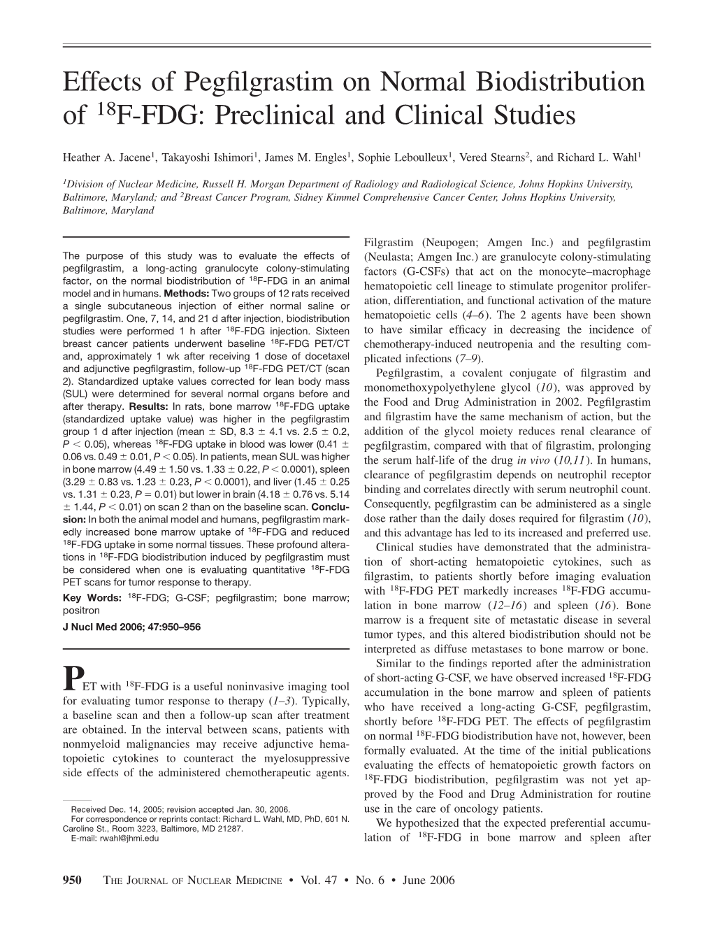 Effects of Pegfilgrastim on Normal Biodistribution of 18F-FDG: Preclinical and Clinical Studies