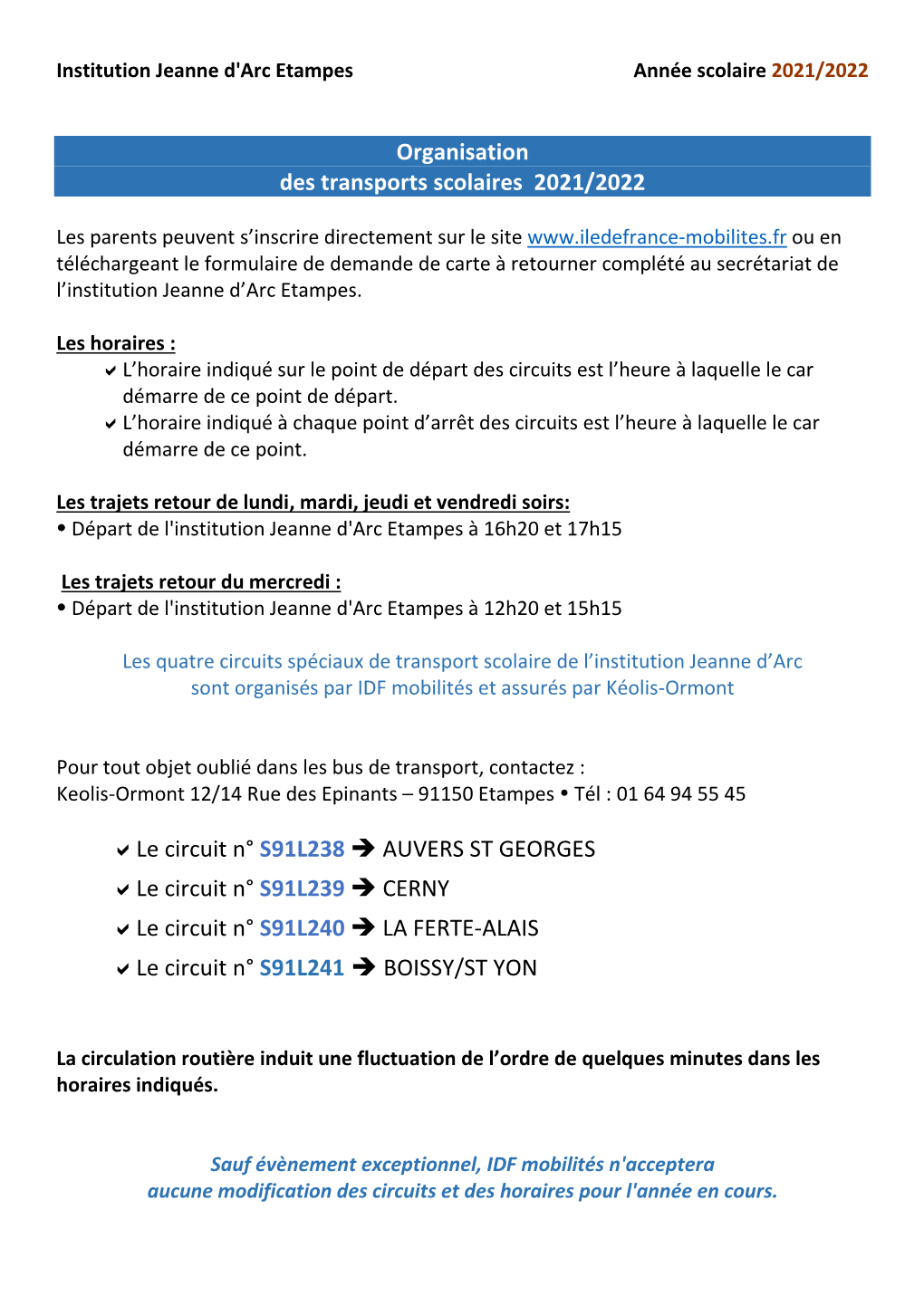 Organisation Des Transports Scolaires 2021/2022 *Le Circuit N