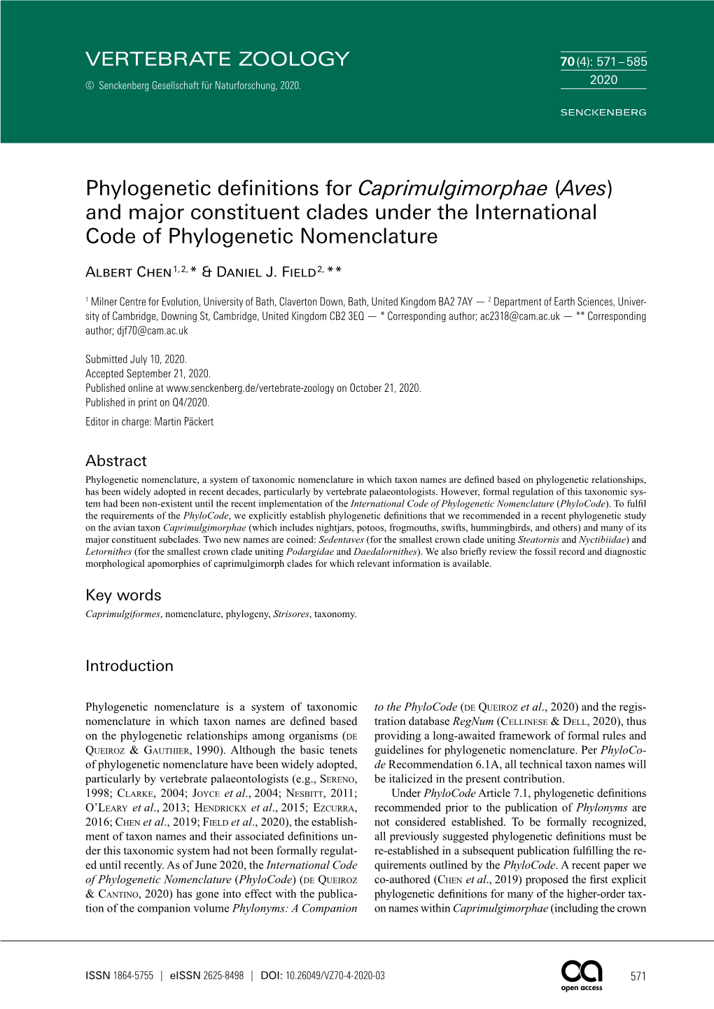 Phylogenetic Definitions for Caprimulgimorphae (Aves) and Major Constituent Clades Under the International Code of Phylogenetic Nomenclature