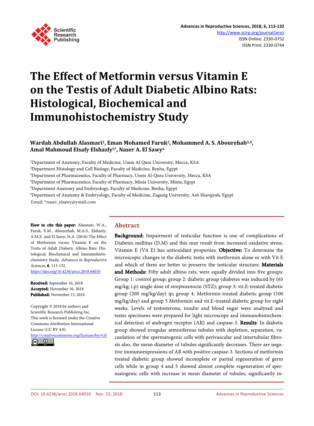 The Effect of Metformin Versus Vitamin E on the Testis of Adult Diabetic Albino Rats: Histological, Biochemical and Immunohistochemistry Study