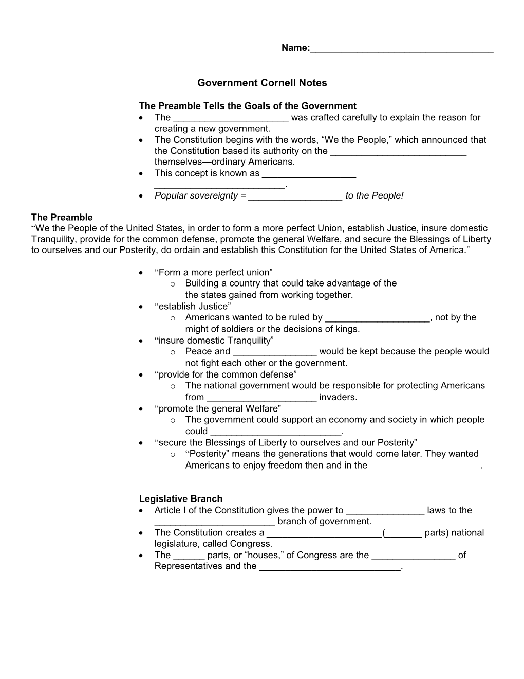 The Preamble Tells the Goals of the Government