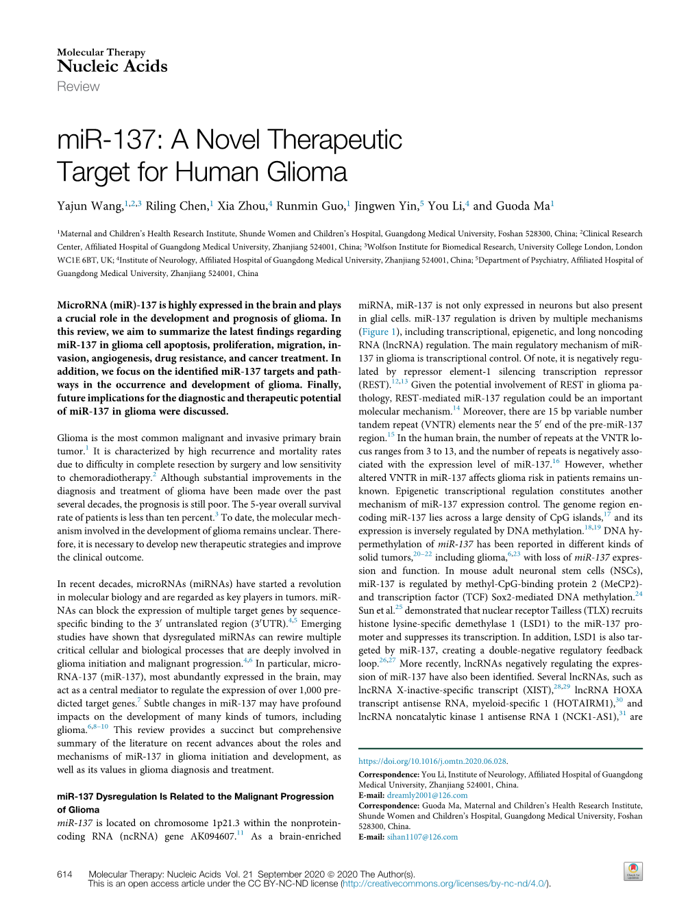 Mir-137: a Novel Therapeutic Target for Human Glioma