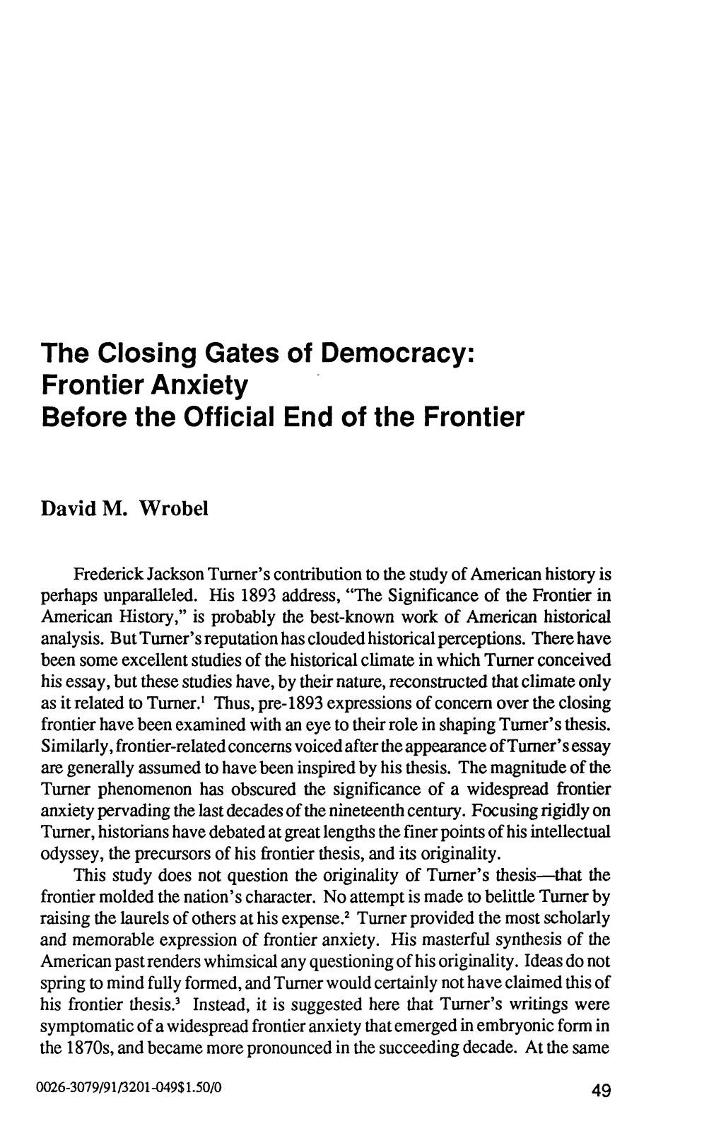 The Closing Gates of Democracy: Frontier Anxiety Before the Official End of the Frontier