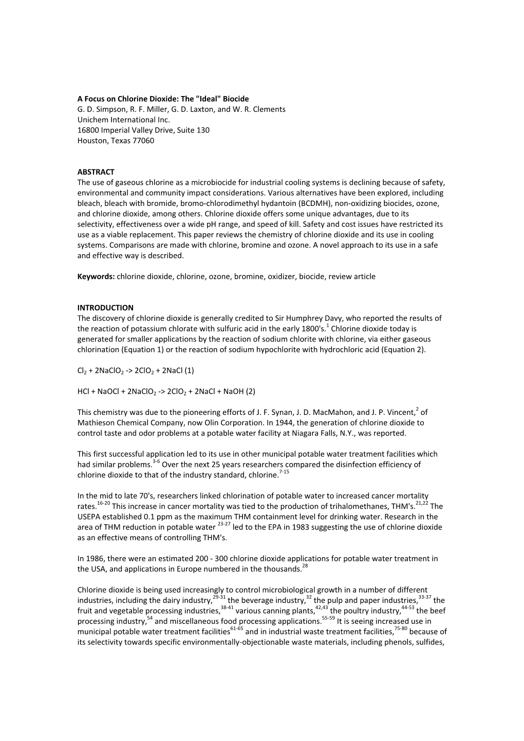 A Focus on Chlorine Dioxide: the "Ideal" Biocide G