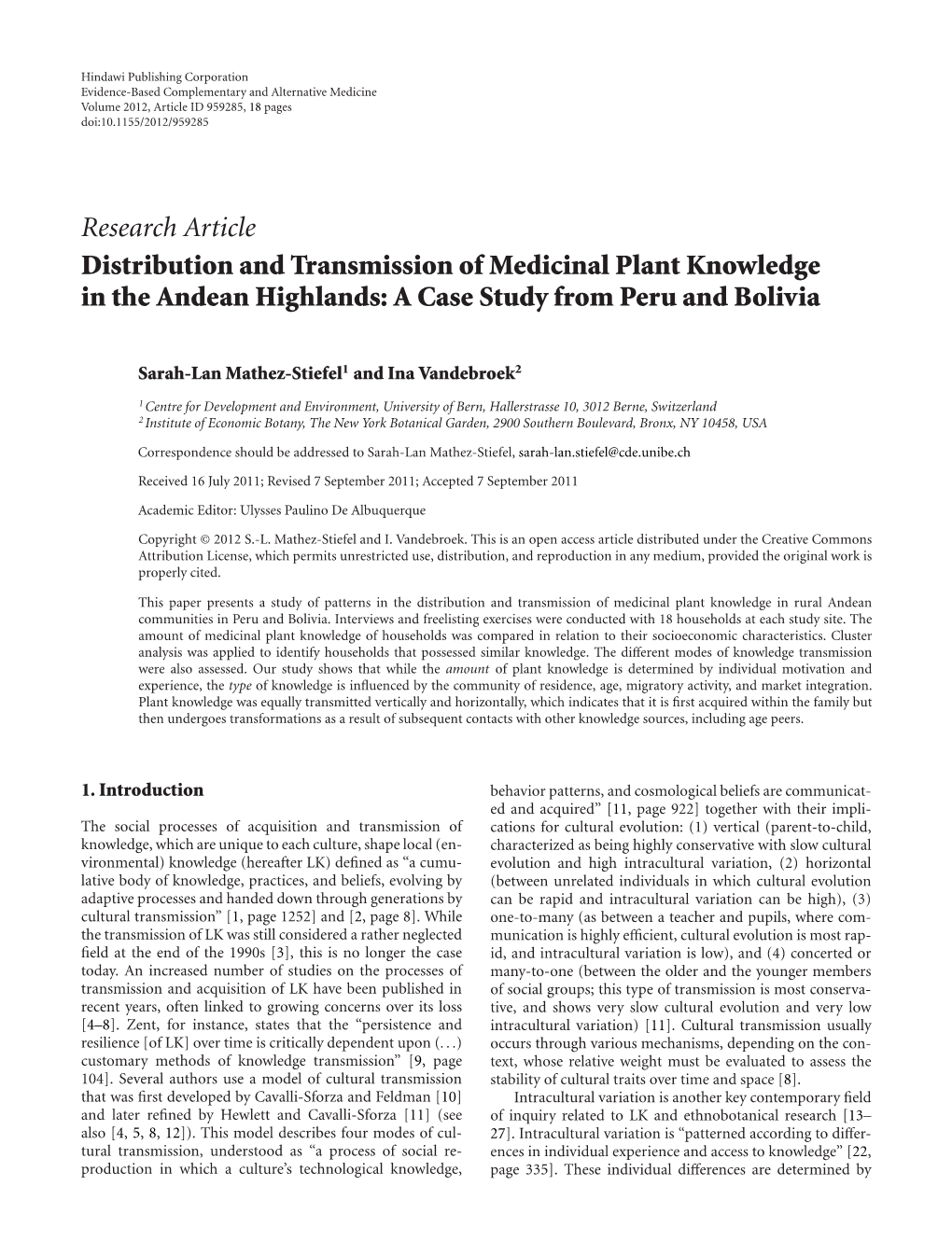 Research Article Distribution and Transmission of Medicinal Plant Knowledge in the Andean Highlands: a Case Study from Peru and Bolivia