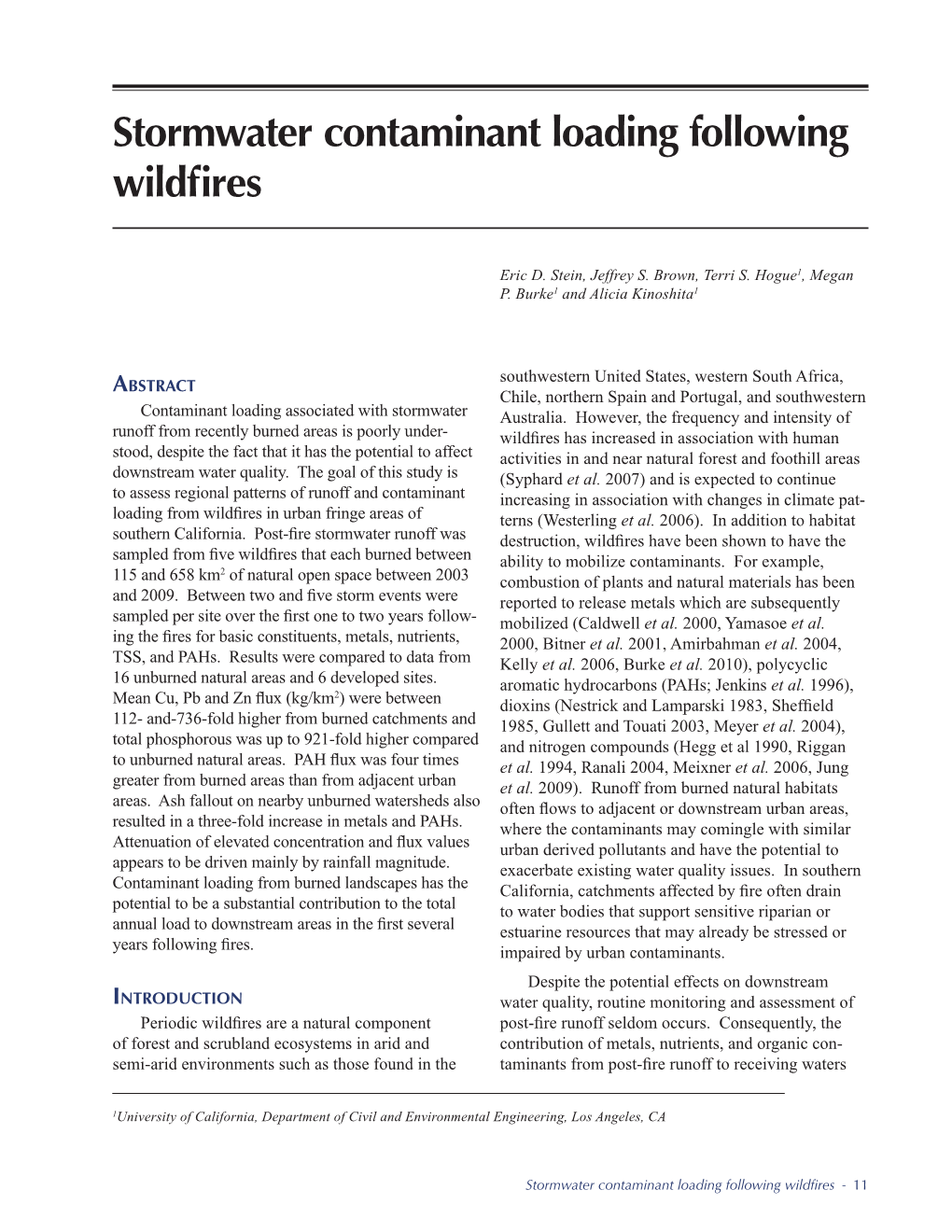 Stormwater Contaminant Loading Following Wildfires