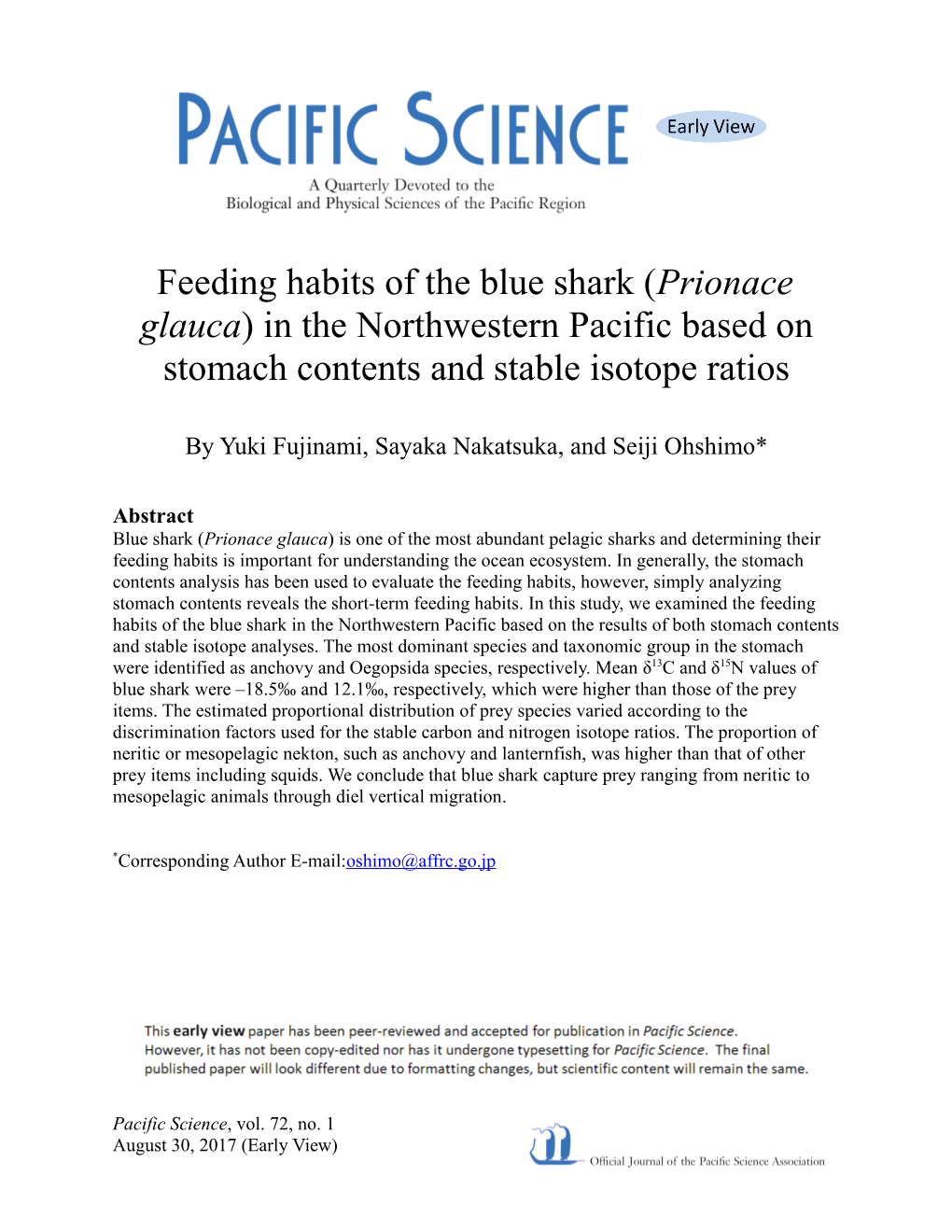 Prionace Glauca) in the Northwestern Pacific Based on Stomach Contents and Stable Isotope Ratios