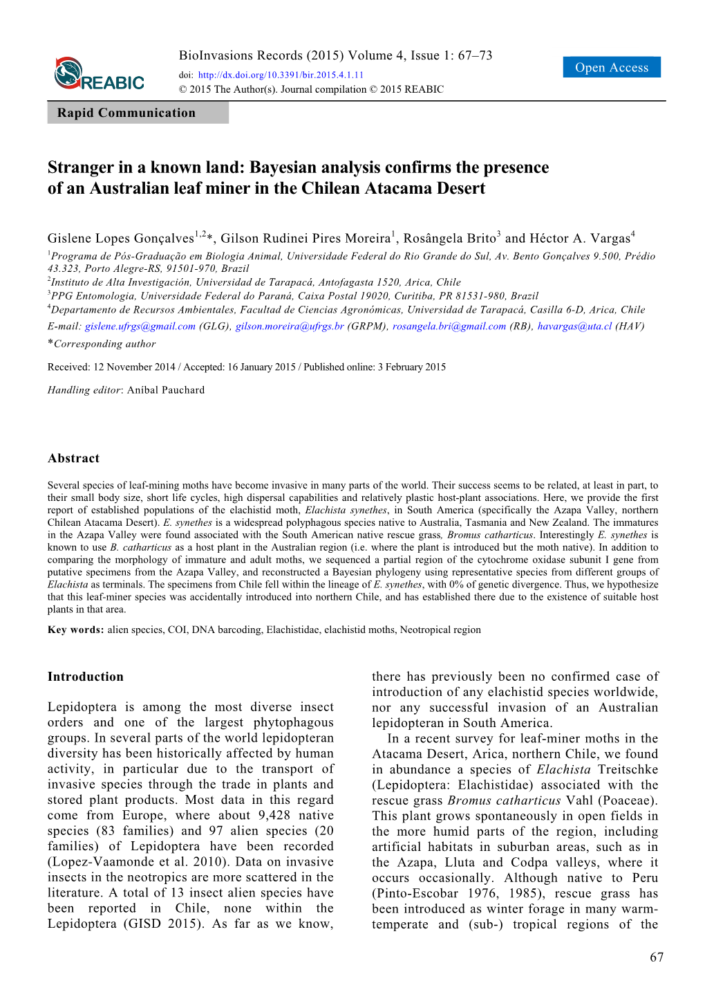 Bayesian Analysis Confirms the Presence of an Australian Leaf Miner in the Chilean Atacama Desert