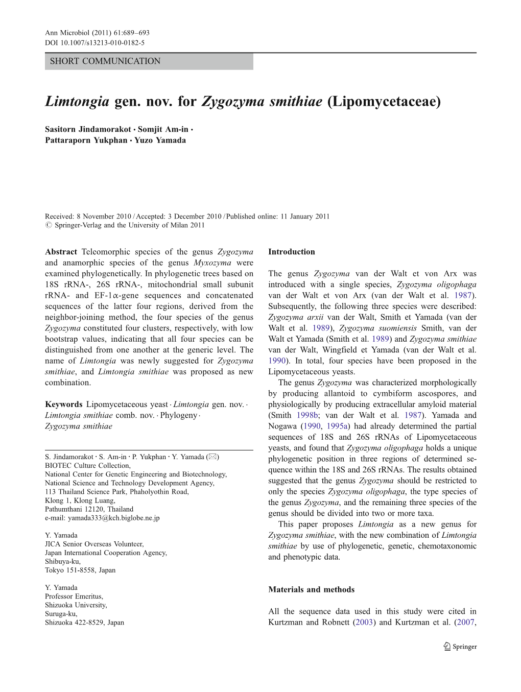 Limtongia Gen. Nov. for Zygozyma Smithiae (Lipomycetaceae)